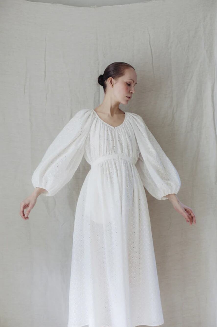 Silversaga White Eyelet Alice Sheer Puff Sleeve Maxi Dress Size Large